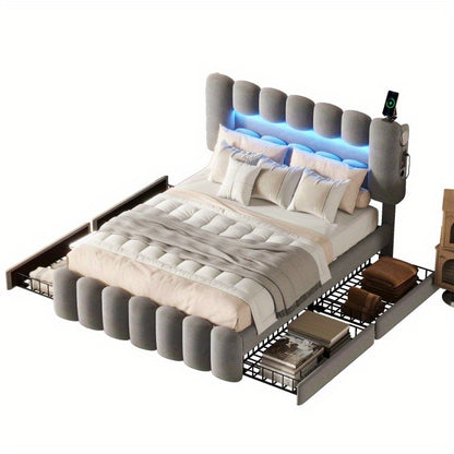 Bedframe – Bed – Slaapbank – Opbergbed – Slaapmeubel – 160x200 cm – 4 Lades & Ingebouwd Stereo Systeem – Volledig Gemonteerd & Ruimtebesparend Design