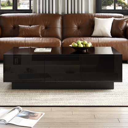 Modern High-Gloss Black Coffee Table with Drawers and Sliding Shelves | Rectangular Living Room Table with Ample Storage Space, Stylish Design, and Easy-to-Clean Surface