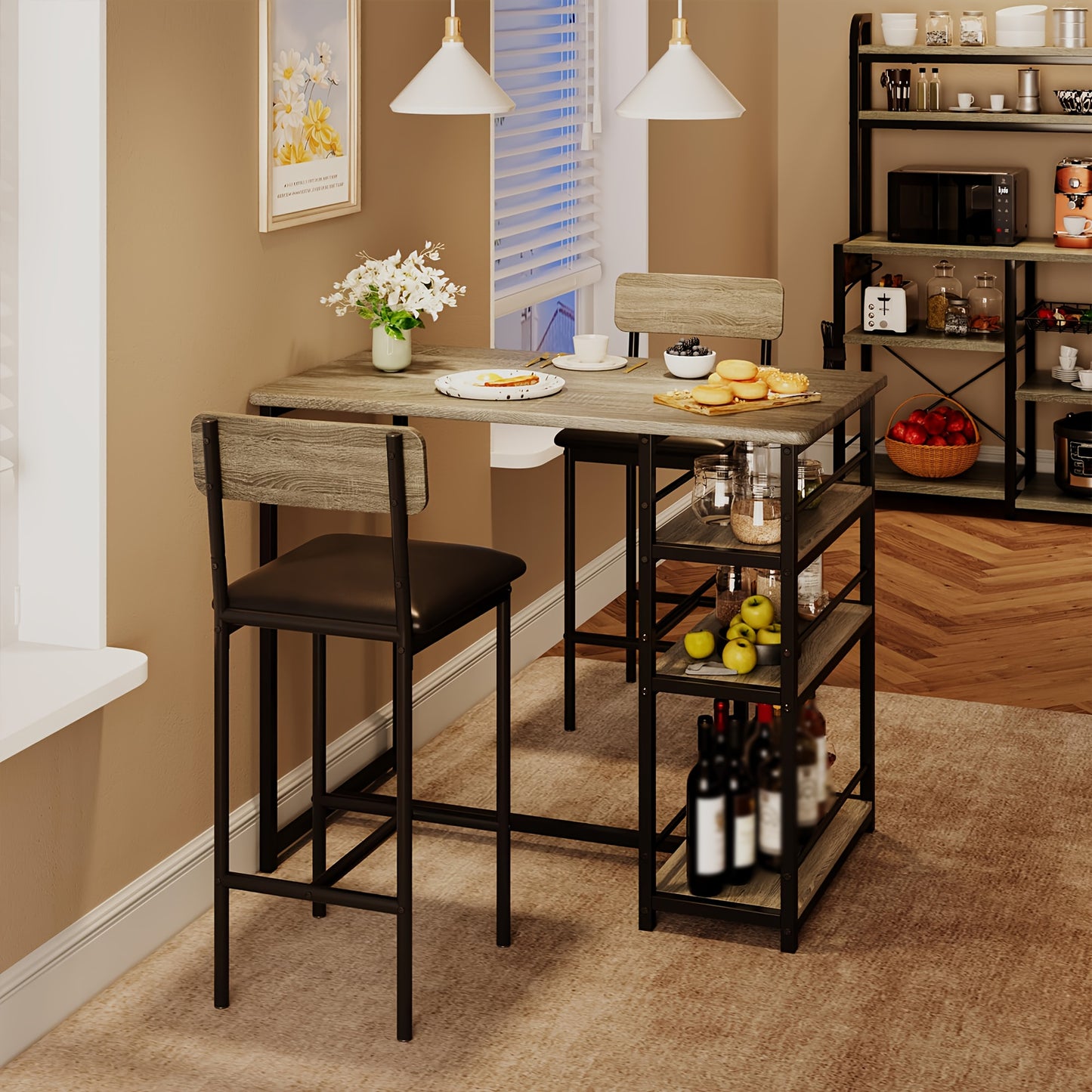 Eettafelset – Keukentafelset – Bistroset – Barstoelset – Stoelenset – Compact Ontwerp – Comfortabele Gevoerde Stoelen – Grijs Kunstboard Houten Frame