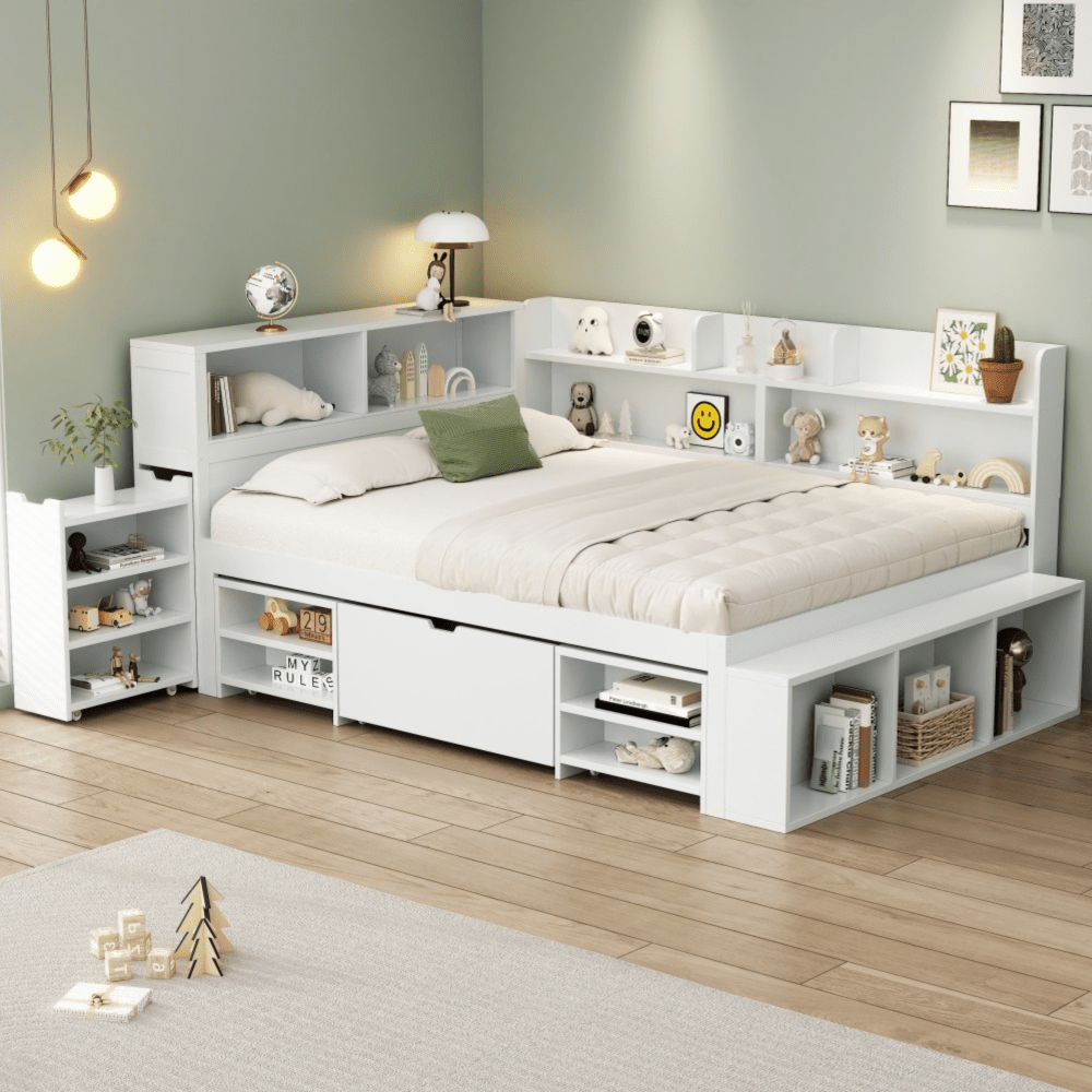 Bedbank – Slaapbank – Logeerbed – Eenpersoonsbed – Multifunctioneel – Ruime Opbergladen – Boekenplank – Lattenbodem – 140x200 cm – Wit