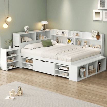 Bedbank – Slaapbank – Logeerbed – Eenpersoonsbed – Multifunctioneel – Ruime Opbergladen – Boekenplank – Lattenbodem – 140x200 cm – Wit