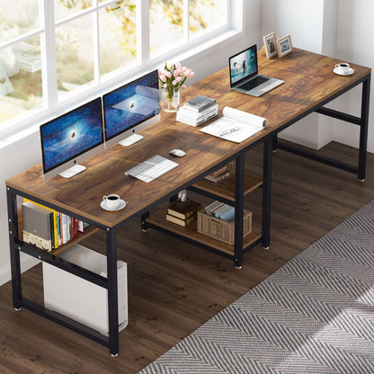 Bureau – Bureautafel – Werkplek – Computertafel – Dubbel Bureau – Ruime Werkplek 200x60 cm – Met Verborgen Boekenplank – Stevig Metalen Frame – Krasbestendig Blad – Bruin