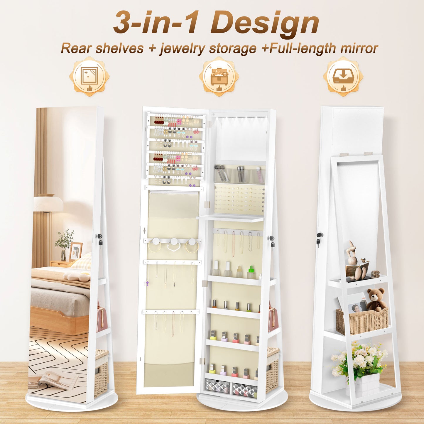 3-in-1 Sieradekast – Sieradenkast – Staande Spiegelkast – Draaibare Spiegel – Opbergrek Sieraden – 360° Draaibaar – Afsluitbaar Met Slot – Wit – 161 x 54,5 x 10 cm