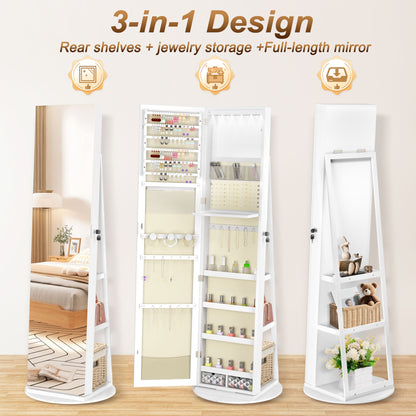 3-in-1 Sieradekast – Sieradenkast – Staande Spiegelkast – Draaibare Spiegel – Opbergrek Sieraden – 360° Draaibaar – Afsluitbaar Met Slot – Wit – 161 x 54,5 x 10 cm