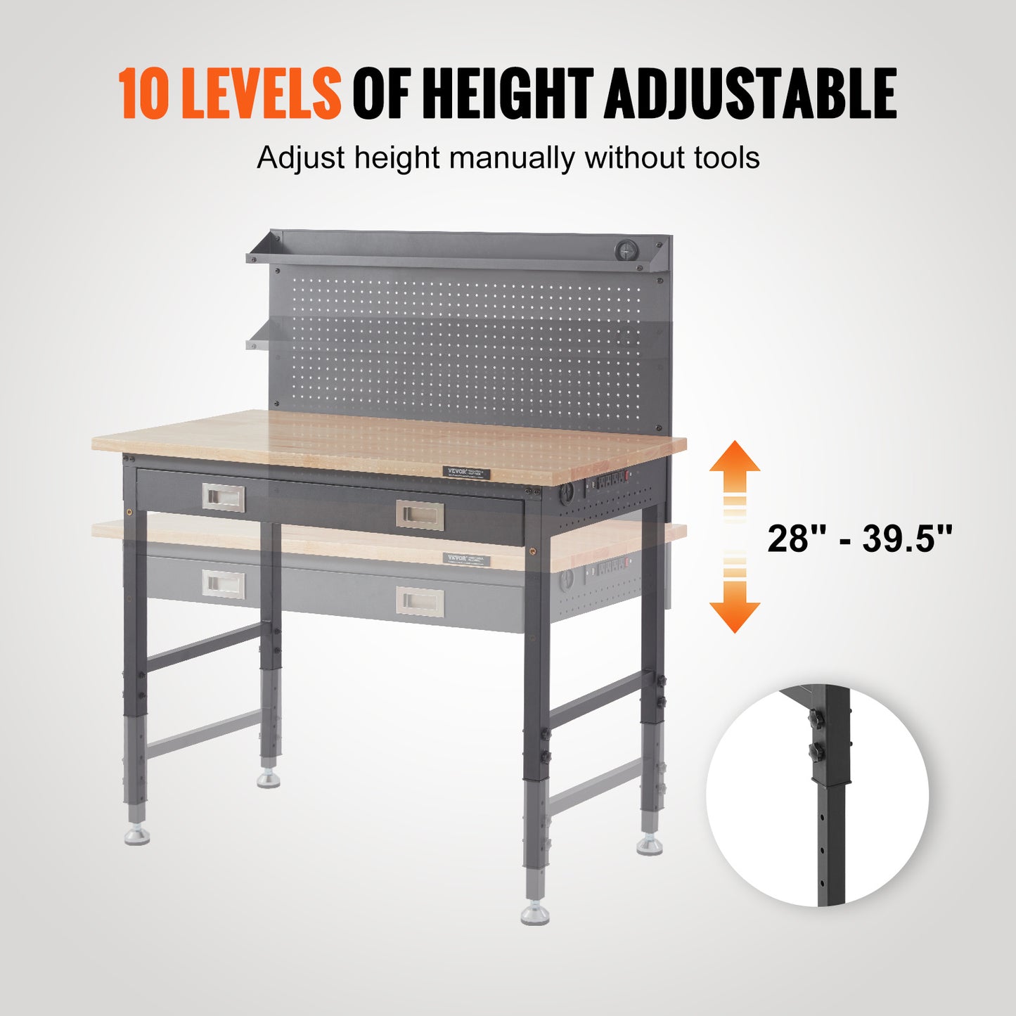Werkbank – Houten Werktafel – Klusbank – Werkbank Met Pegboard – Verstelbare Werkhoogte – Massief Houten Werkblad – 4 Stopcontacten & USB Poorten – 900 kg Draagvermogen