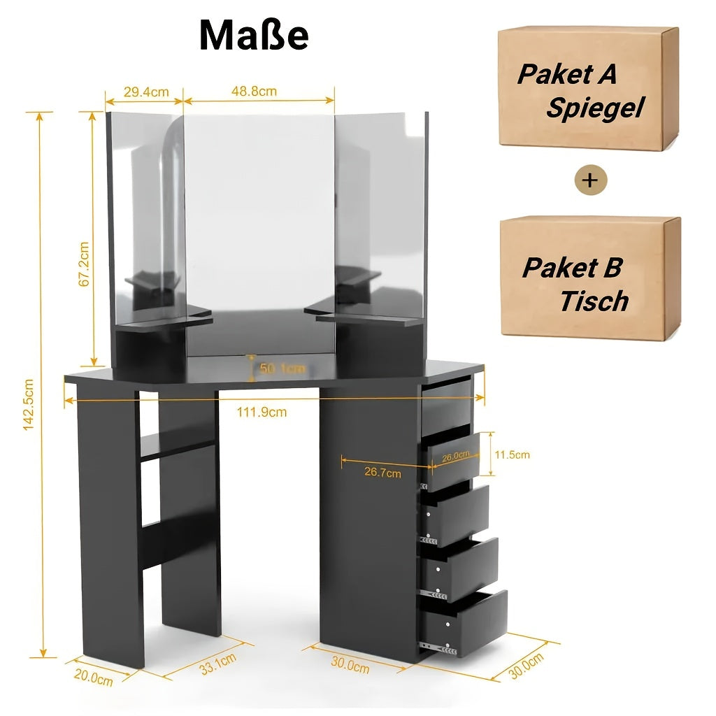 Kaptafel – Make-up Tafel – Schminktafel – Dressoir – Toilettafel – Hoekmodel Met 3 Spiegels – 5 Lades & 2 Open Vakken – Modern Design 112x50x142,5 cm – Roze