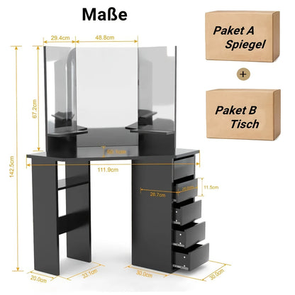 Kaptafel – Make-up Tafel – Schminktafel – Dressoir – Toilettafel – Hoekmodel Met 3 Spiegels – 5 Lades & 2 Open Vakken – Modern Design 112x50x142,5 cm – Roze
