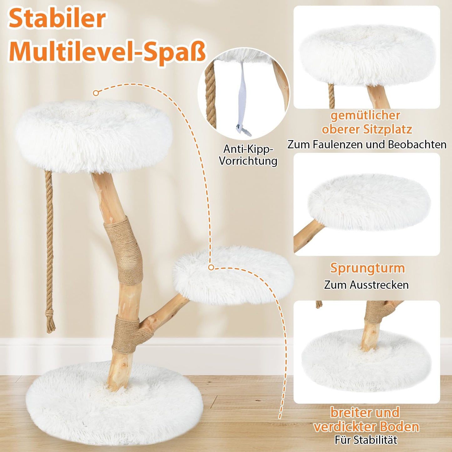 Krabpaal Hout – Krabpaal Kat – Kattenkrabpaal – Kattenpaal – Natuurlijk Perenhout – 90 cm Hoog – Zachte Pluche Zitplekken