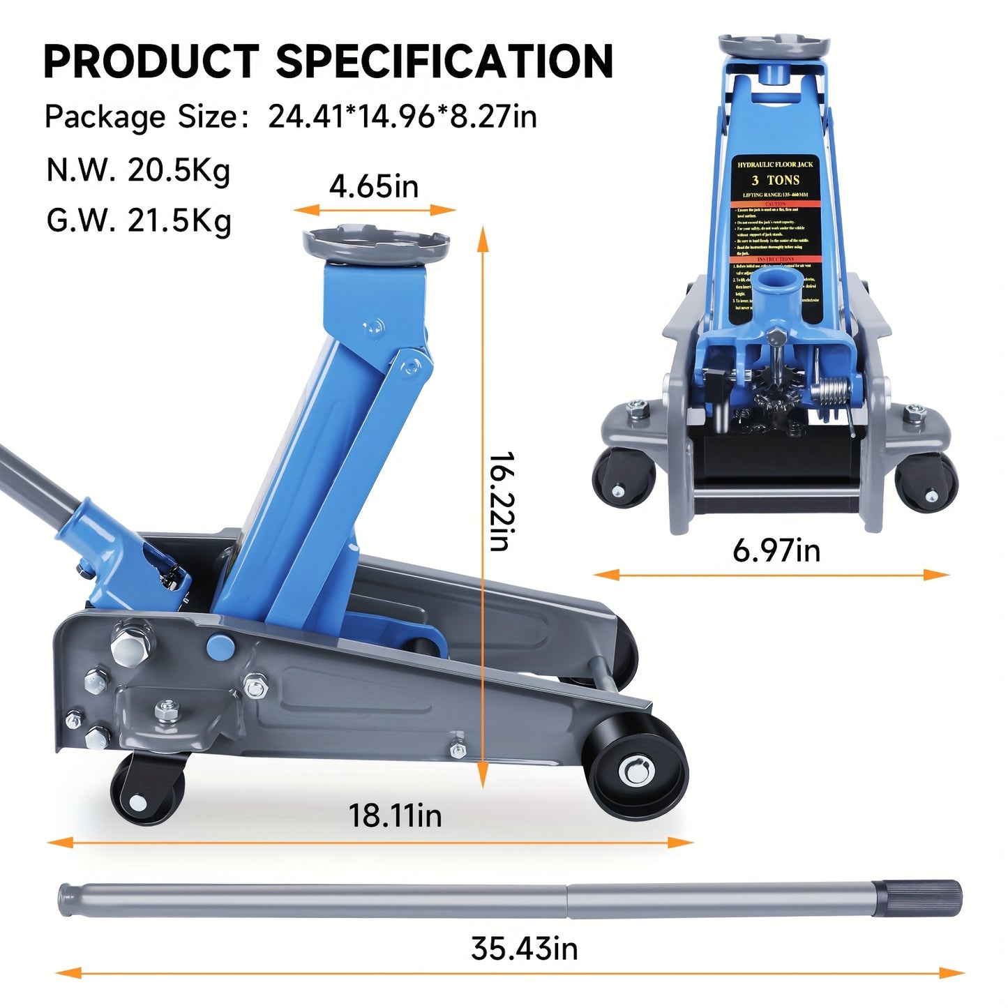 Autokrik – Garagekrik – Hydraulische Krik – Trolleykrik – Laagprofiel Krik – Max. 3 Ton Draagvermogen – Verstelbare Hefhoogte 135-460 mm
