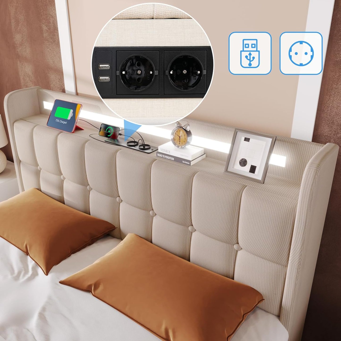 Tweepersoonsbed – Opbergbed – Gestoffeerd Bed – Bed 160x200 – Slaapbed – Met LED Verlichting – 4 Lades – USB Oplader – Houten Frame – Beige