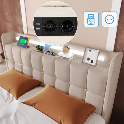 Tweepersoonsbed – Opbergbed – Gestoffeerd Bed – Bed 160x200 – Slaapbed – Met LED Verlichting – 4 Lades – USB Oplader – Houten Frame – Beige