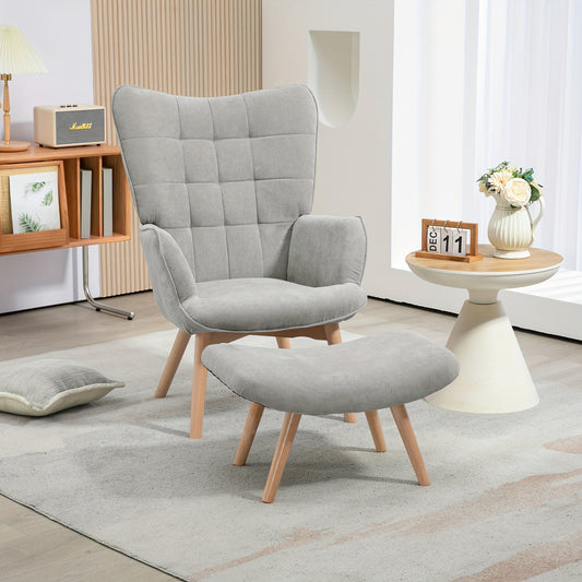 Fauteuil – Loungestoel – Leunstoel – Relaxstoel – Zitzak – Grijs – Corduroy – Met Voetenbank – Stevig Metalen Frame – Zachte Gevoerde Zitting