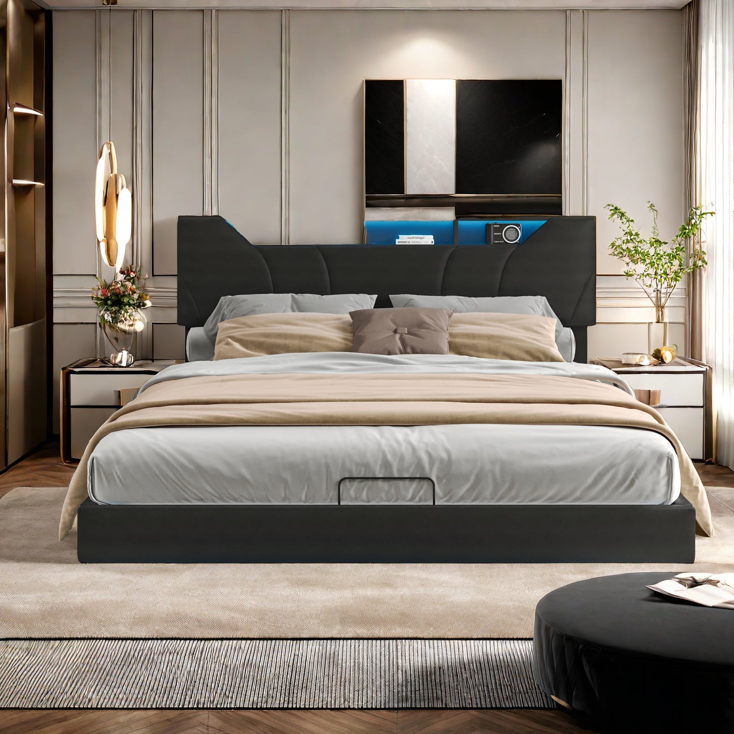 Gestoffeerd Bed – Tweepersoonsbed – Opbergbed – Led Sfeerverlichting Bed – Bed Met USB Oplader – 140x200 cm – Opbergruimte Met Hydraulische Gasveren – Lattenbodem & Zwart PU-Leder
