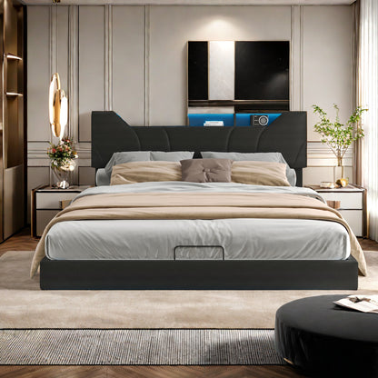 Gestoffeerd Bed – Tweepersoonsbed – Opbergbed – Led Sfeerverlichting Bed – Bed Met USB Oplader – 140x200 cm – Opbergruimte Met Hydraulische Gasveren – Lattenbodem & Zwart PU-Leder
