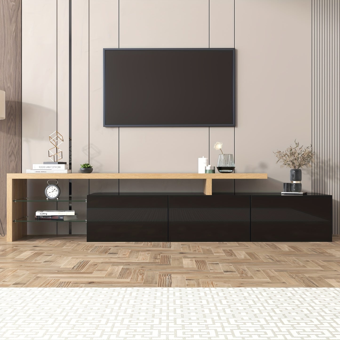 TV-meubel – TV-kast – Entertainmentmeubel – Woonkamermeubel – TV-standaard – Hoogglans zwart – MDF houtlook – Glazen legplanken – Ruime opbergruimte – Eenvoudig te monteren