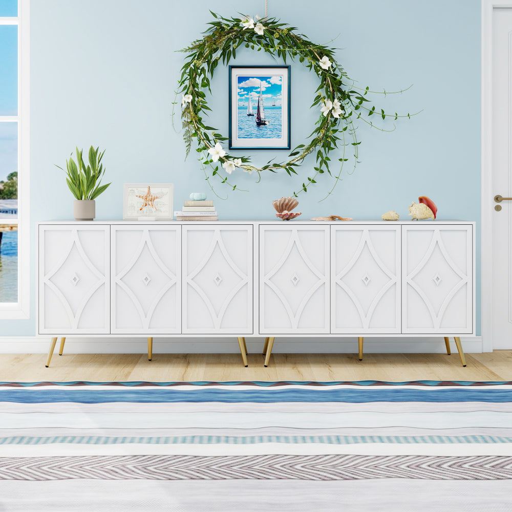 Dressoir – Kast – Sideboard – Opbergmeubel – Schoenenkast – Wit – 3D Geëtst – Gouden Metalen Poten – 120x40x80 cm – Smal Verticaal Design