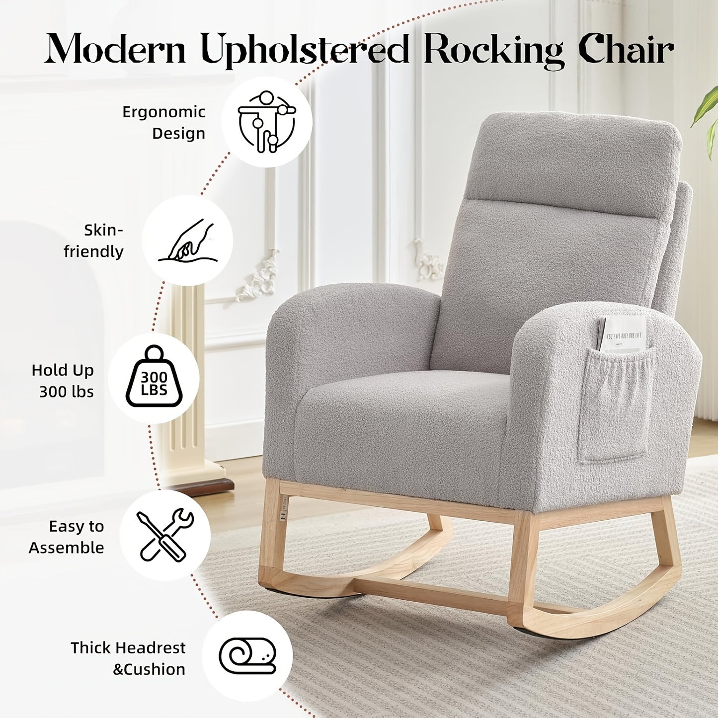 Schommelstoel Grijs – Schommelstoel Babykamer – Lounge Stoel Woonkamer – Relaxstoel Slaapkamer – Accentstoel Met Opbergtas – Stevig Rubberhout Frame – Ademend Linnen Bekleding