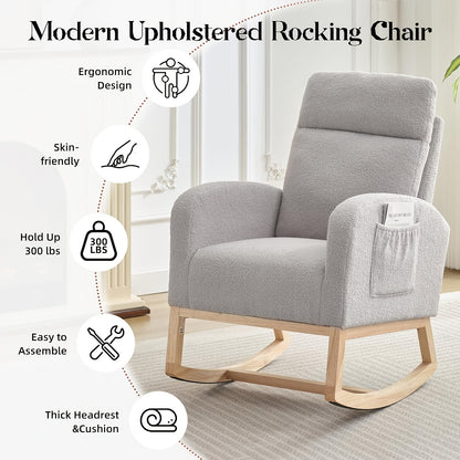 Schommelstoel Grijs – Schommelstoel Babykamer – Lounge Stoel Woonkamer – Relaxstoel Slaapkamer – Accentstoel Met Opbergtas – Stevig Rubberhout Frame – Ademend Linnen Bekleding