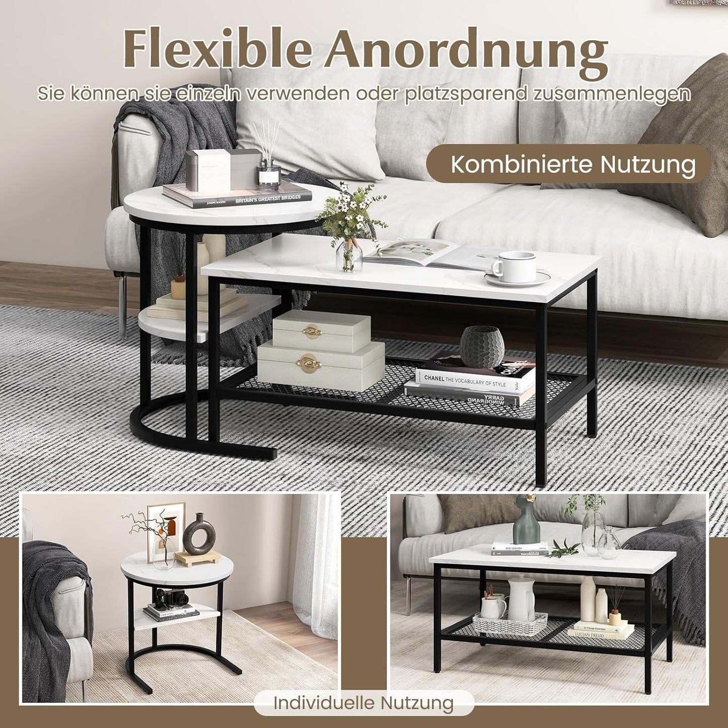 Salontafel – Bijzettafel – Woonkamertafel – Sofa Tafel – 2-Delige Set – Marmerlook Tafelbladen – Stevig Metalen Frame