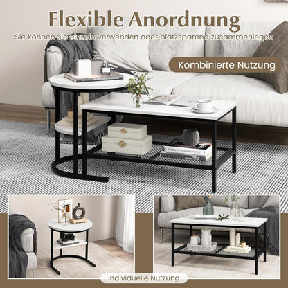 Salontafel – Bijzettafel – Woonkamertafel – Sofa Tafel – 2-Delige Set – Marmerlook Tafelbladen – Stevig Metalen Frame