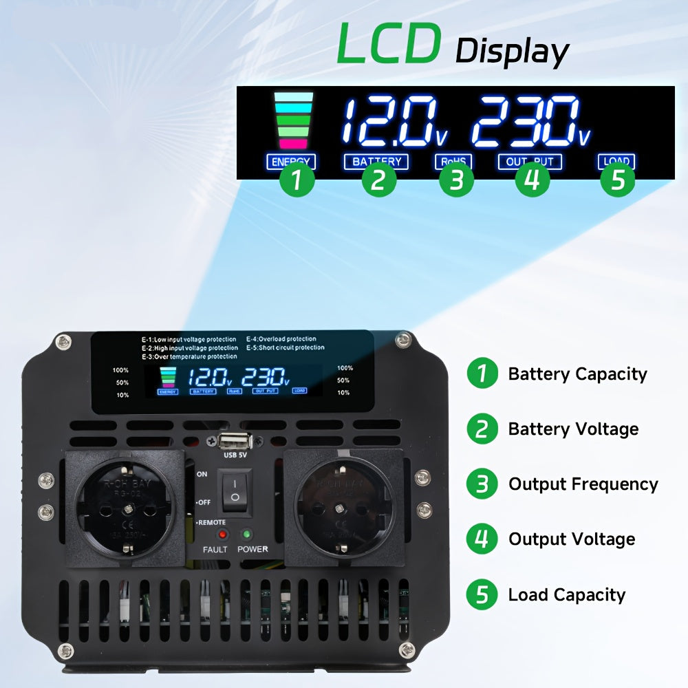Stroomomvormer – Spanningsomvormer – Omvormer – Inverter – Converter – 24V naar 220V – 4000W Continu Vermogen – LCD Display en Draadloze Afstandsbediening