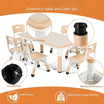 Kinderstoel – Kinderzetel – Peuterstoel – Meegroeistoel – Speelstoel – In hoogte verstelbaar – Duurzaam PE-plastic – Gele kindertafel met 6 stoelen