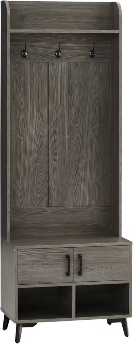 Kapstok - Garderobe rek - Kledingrek - 3 haken - Schoenen opslag - Plank - 2 deurtjes - Hout - Grijs - 60x34x170cm