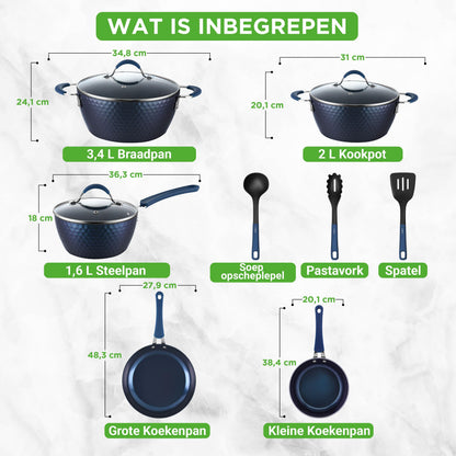 Inductieset – Pannenset – Keramische Keukenset – Kookgerei – Kookpannen – PFOA-vrij – Blauw Diamant Coating
