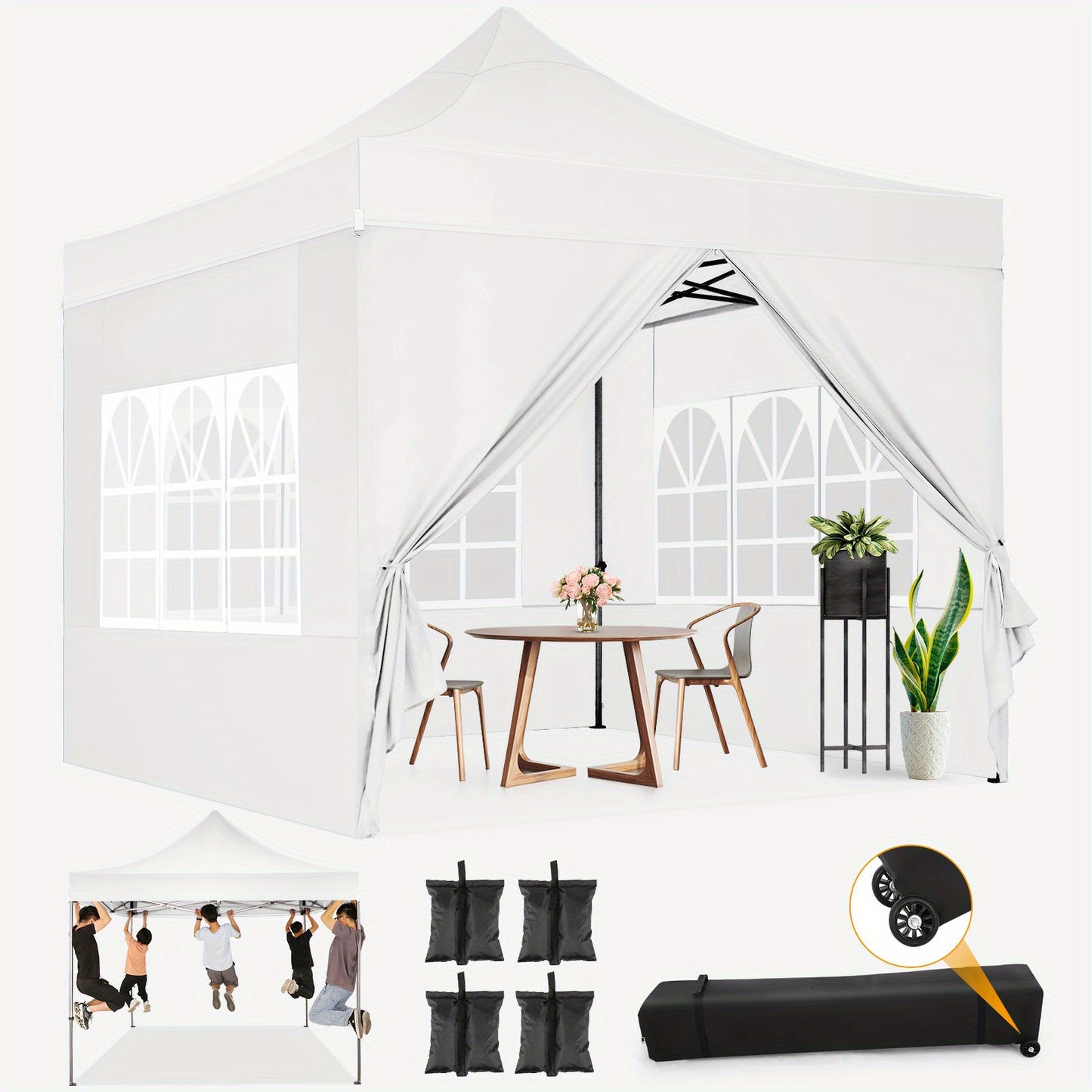 3.05x3.05meter Foldable Pop-Up Canopy with 4 Side Walls, Commercial Heavy Duty Awning, Quick to Set Up, Outdoor Party Tent, Instant Awning with Roller Bag, Suitable for Outdoor Camping, Market Events, Festival Exhibitions