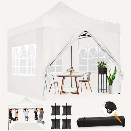 3.05x3.05meter Foldable Pop-Up Canopy with 4 Side Walls, Commercial Heavy Duty Awning, Quick to Set Up, Outdoor Party Tent, Instant Awning with Roller Bag, Suitable for Outdoor Camping, Market Events, Festival Exhibitions