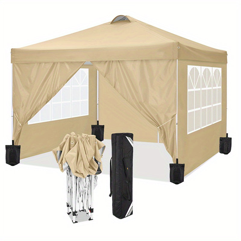 3.05x3.05meter Pop-up foldable canopy with 4 removable sidewalls, height-adjustable gazebo canopy with vents, 4 sandbags, 4 ground stakes and 8 ropes, party exhibition tent