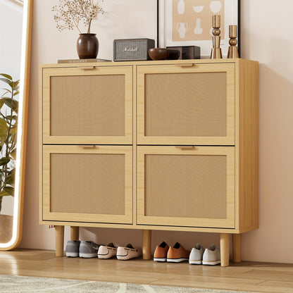 4-Drawer Shoe Cabinet with Folding Drawers - Modern Rattan Shoe with Metal Handles, Beige/Brown Wicker Shoe Rack Organizer with Top Door-Free Access Drawer for Hallway, Bedroom, Home - Space-Saving Shoe Cabinet (100x25x90cm)