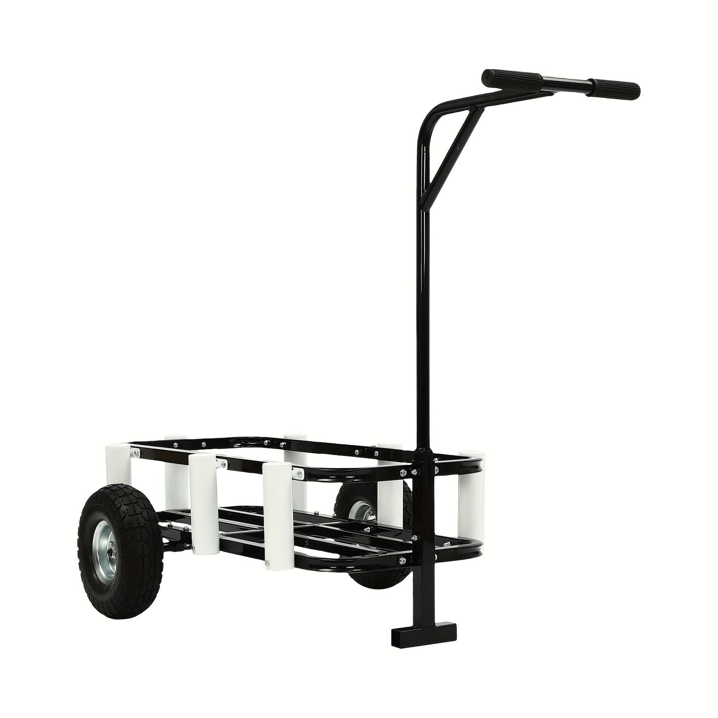 Vistuigwagen – Viswagen – Outdoor Kar – Viskar – Campingkar – Zwarte uitvoering – Hoogwaardig Koolstofstaal – Dubbele Rubber Wielen – 7 Hengelhouders – Antislip Handvat – Verstelbare Voorpoot voor Stabiliteit