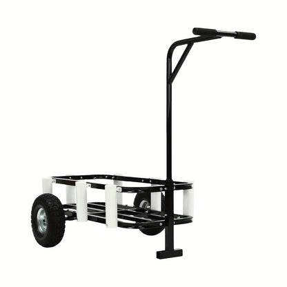 Vistuigwagen – Viswagen – Outdoor Kar – Viskar – Campingkar – Zwarte uitvoering – Hoogwaardig Koolstofstaal – Dubbele Rubber Wielen – 7 Hengelhouders – Antislip Handvat – Verstelbare Voorpoot voor Stabiliteit