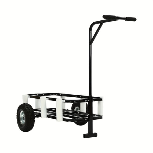 Vistuigwagen – Viswagen – Outdoor Kar – Viskar – Campingkar – Zwarte uitvoering – Hoogwaardig Koolstofstaal – Dubbele Rubber Wielen – 7 Hengelhouders – Antislip Handvat – Verstelbare Voorpoot voor Stabiliteit