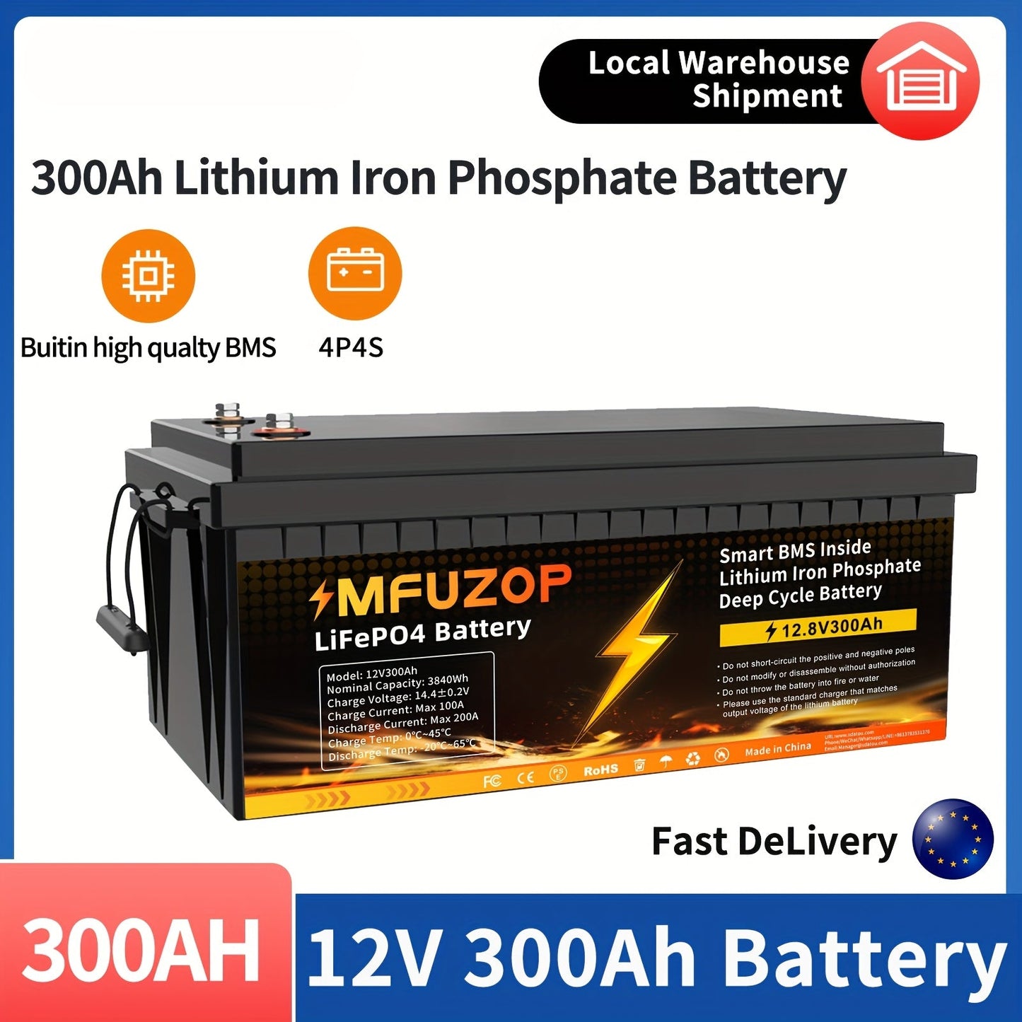 Lithium Accu – LiFePO4 Accu – Camper Accu – Solar Accu – Elektrische Voertuig Accu – 12V 300Ah – Slimme BMS Bescherming – Lange Levensduur