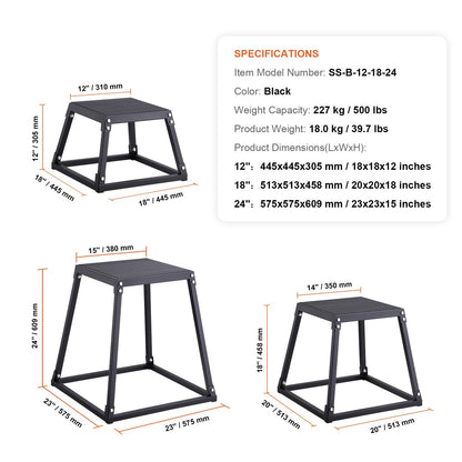 Plyometrische Jump Boxes – Plyo Box Set – Springbox – Fitness Stapelbox – Trainingsplatform – 3 Maten 30/45/60 cm – Anti-Slip Oppervlak – Stevig Metaal