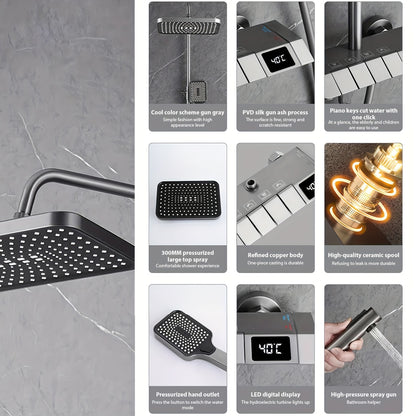 Douchesysteem – Regendouche – Douche Set – Handdouche – Watervaldouche – Koper – Digitaal Display – Ingebouwde Plank