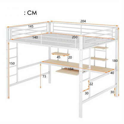 Hoogslaper – Stapelbed – Ligbed – Bed met Bureau – Bed met Planken – Stevig Metaalframe – Ruimtebesparend Ontwerp – 140x200 cm – Wit