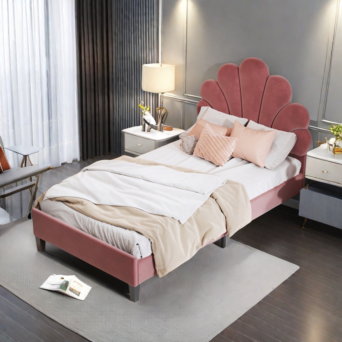 Bedframe – Bed – Gestoffeerd Bed – Houten Bed – Slaapbank – 90x200 cm – Fluwelen Bloemvormig Hoofdbord – Comfortabel & Warm – Beige