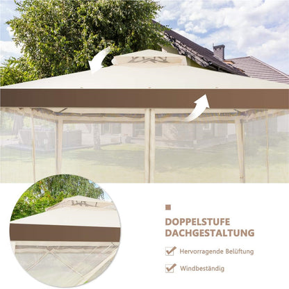 Paviljoen – Tuinkamer – Partytent – Zonnescherm – Buitentent – 3x3 meter – Waterafstotend polyester met insectennet – Roestvrij stalen frame
