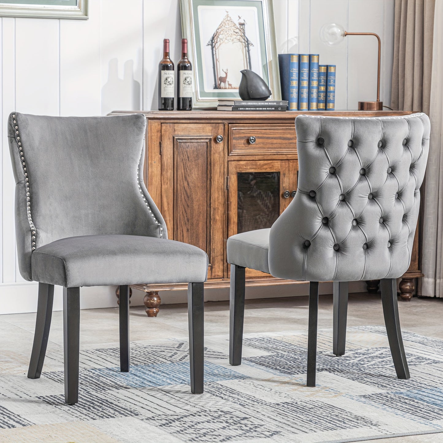 Dining Chair, Four-Legged Chair, Grey Velvet Dining Chair with Button Stitching for Absolute Comfort, Grey, Two Pieces, 50*45*91 Cm