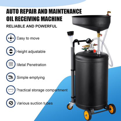 Portable 2-in-1 Used Oil Drain Oil Collector | 90 L Pneumatic Oil Drain, Adjustable Height, Stainless Steel, Equipped with Wheels, Black Color
