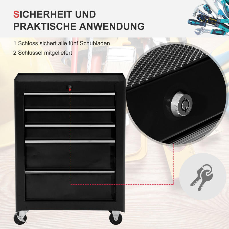 5-Drawer Heavy-Duty Steel Tool Cabinet with Lockable Storage & Smooth-Rolling Casters - Black Modern Mobile Toolbox with Top Work Surface, Spacious Drawers for Garage, Workshop, Construction Site Organization - Durable Work T