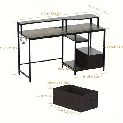 Computerbureau – Computertafel – Bureautafel – Werkplek – Laptoptafel – Houten Blad & Stalen Frame – 2 Lagen met Koptelefoonhouder en Kopjeshouder – 141x41x75 cm Compact Design