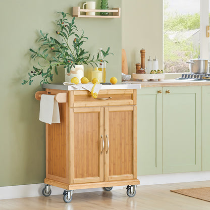 Keukentrolley – Keukenwagen – Serveerwagen – Keukenrek – Keukenkast – Bamboe Met RVS Werkblad – Mobiel Met Remmen – 66x92x46 cm