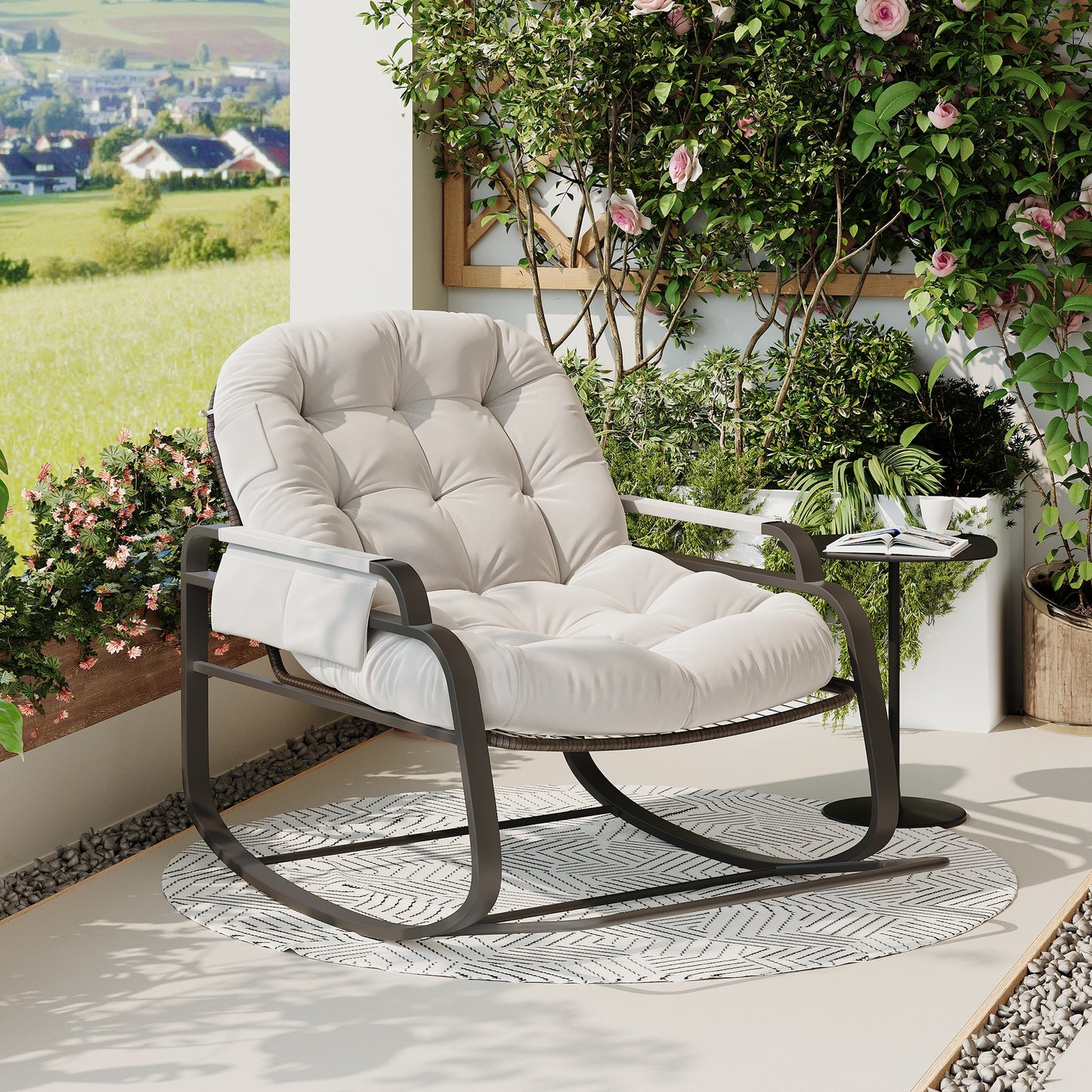 Schommelstoel – Relaxstoel – Verzorgingsstoel – Rieten Schommelstoel – Loungestoel – Beige Kleur – Ergonomisch Ontwerp – 89,5 x 94,5 x 93,5 cm