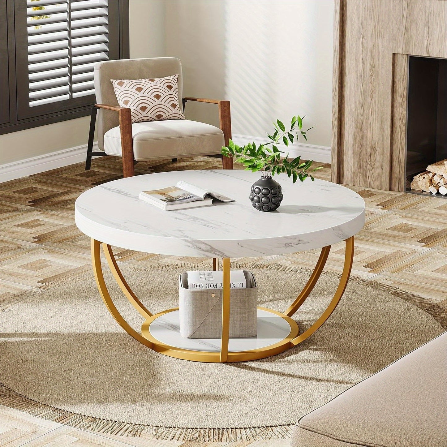 Salontafel – Koffietafel – Woonkamertafel – Bijzettafel – Tafel – Modern – Ronde 2-laags – Wit marmerlook MDF blad – Gouden metalen poten