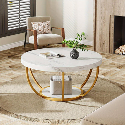 Salontafel – Koffietafel – Woonkamertafel – Bijzettafel – Tafel – Modern – Ronde 2-laags – Wit marmerlook MDF blad – Gouden metalen poten