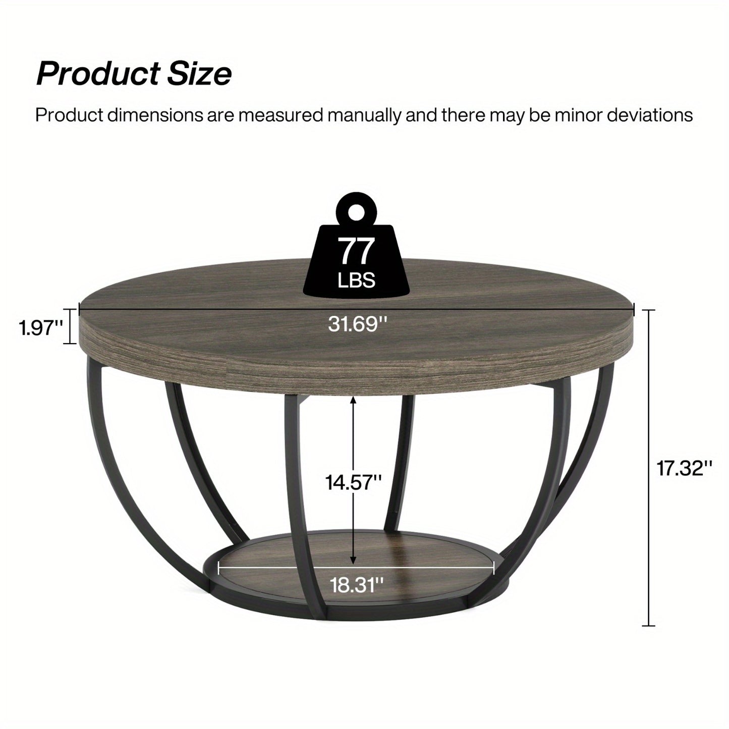 2-laags Salontafel Hout – Koffietafel Rond – Bijzettafel – Accenttafel – Opbergbank – Industrieel Design – Grijs Zwart – Ruime Opbergruimte – Stevige Metaalbasis
